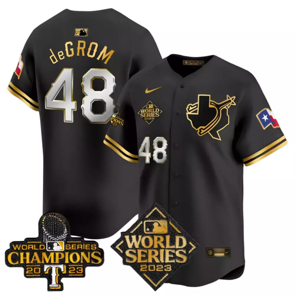 Jacob Degrom 48 Texas Rangers Jersey Black 2023 World Series Champions Men Gold Vapor