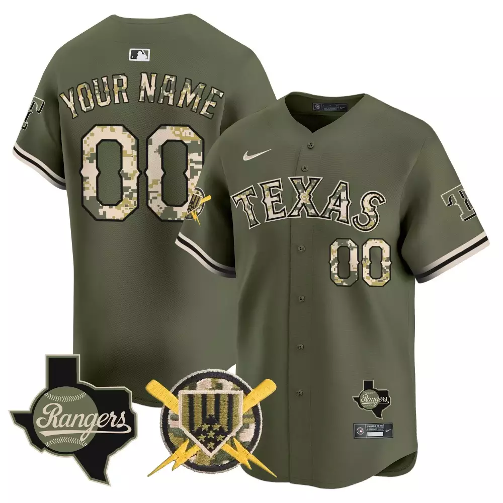 Custom Texas Rangers Jersey Olive Green Military Appreciation Stars Lightning Bolts