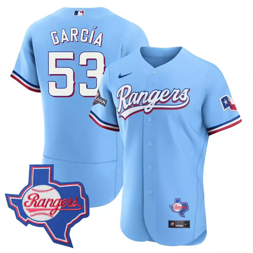 Adolis Garca 53 Rangers Jersey Light Blue 2021 Season Texas Flag Men White Red All