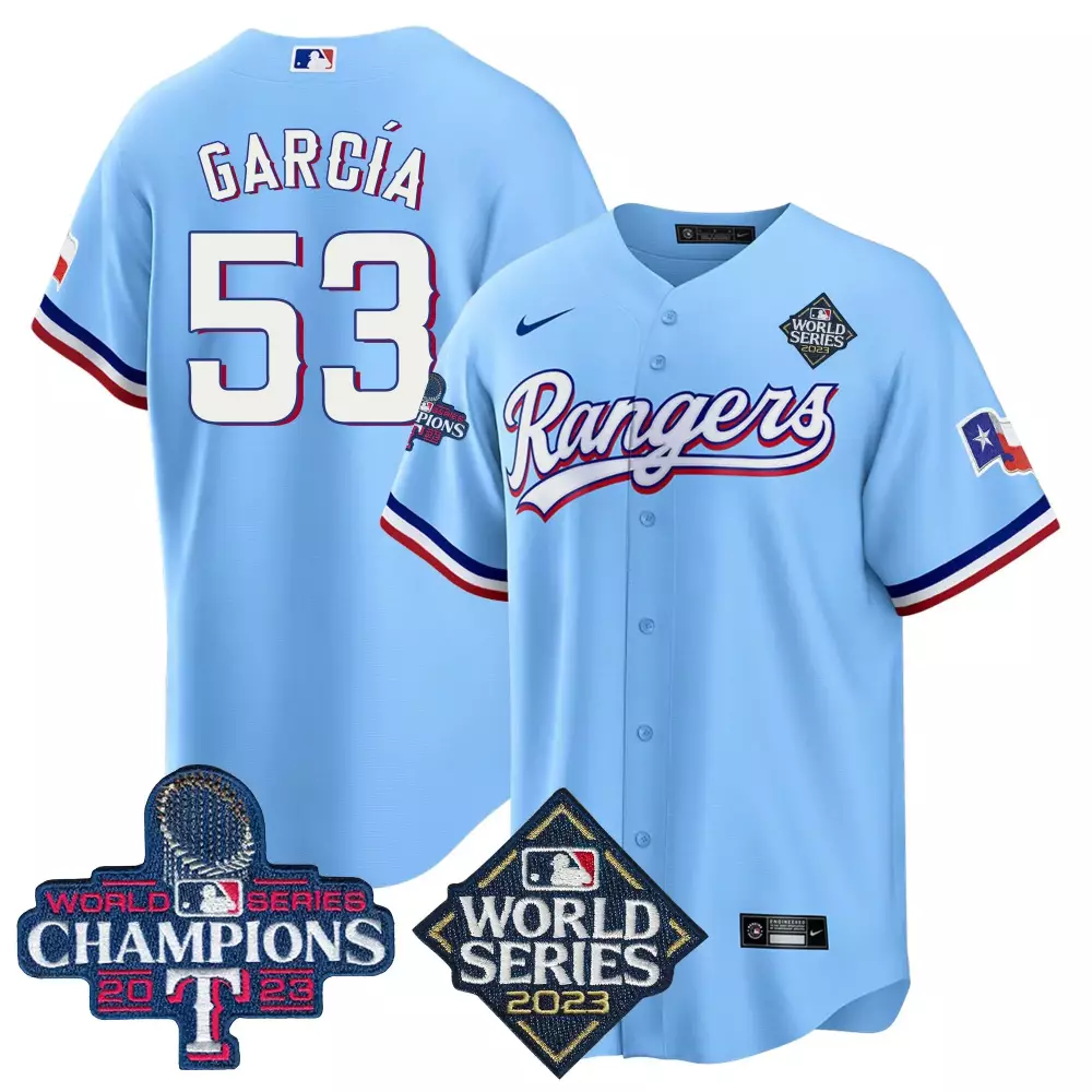 Adolis Garcia 53 Rangers Jersey Light Blue World Series Champions 2023 Men White