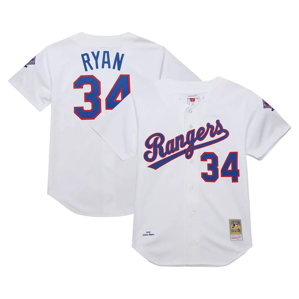 Nolan Ryan 34 Rangers Jersey White Mitchell Ness 1993 Men Blue Red Cooperstown Collection