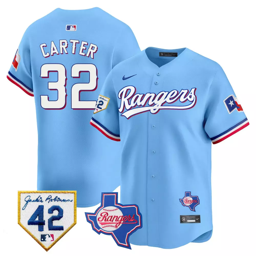 Carter 32 Rangers Jersey Light Blue Jackie Robinson Day Texas Flag 42 Men White Red