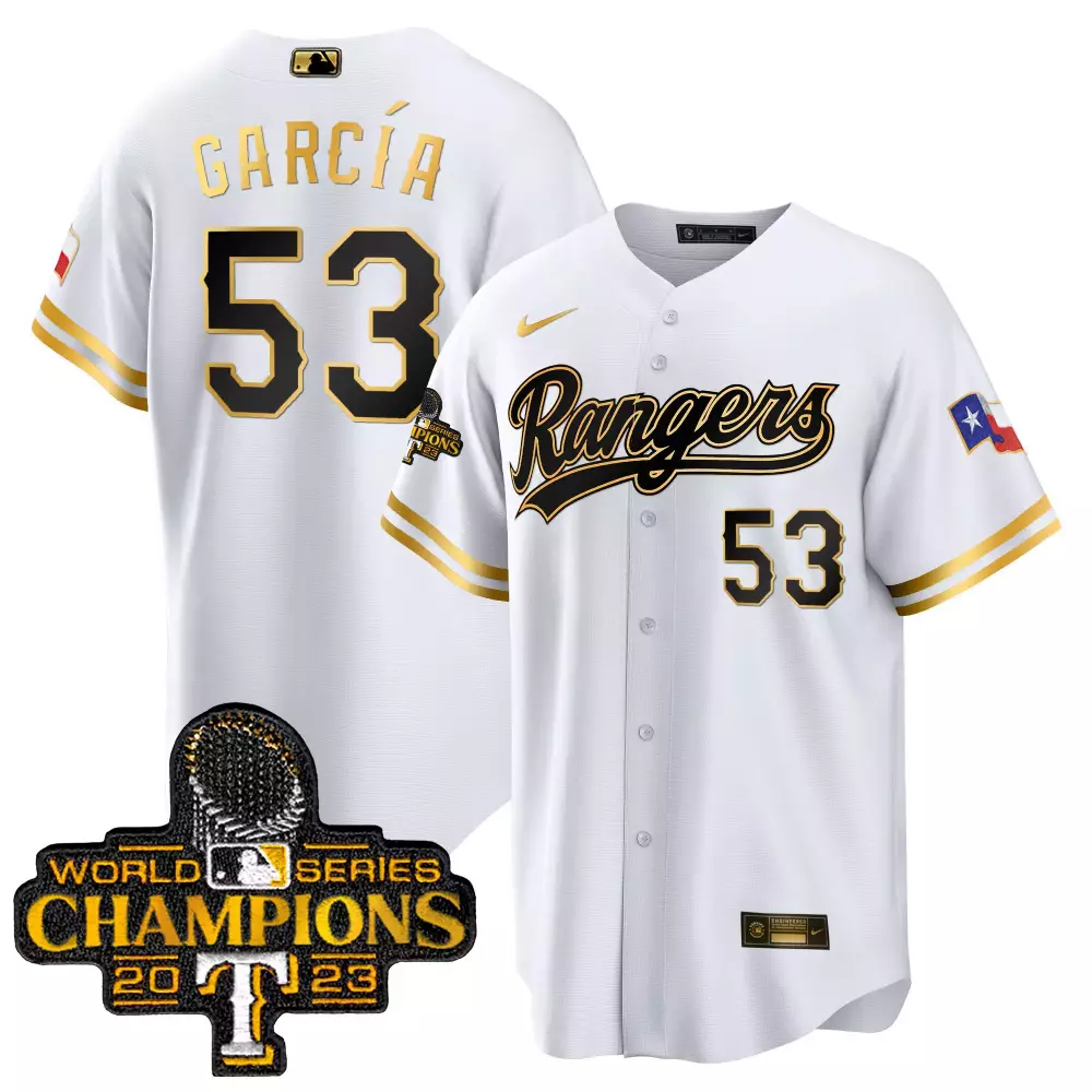 Adolis Garcia 53 Rangers Jersey White World Series Champions 2023 Men Gold Black