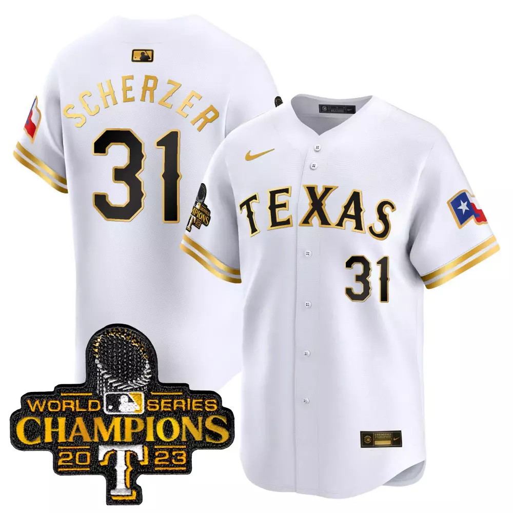 Max Scherzer 31 Texas Rangers Jersey White World Series Champions 2023 Men Gold Black