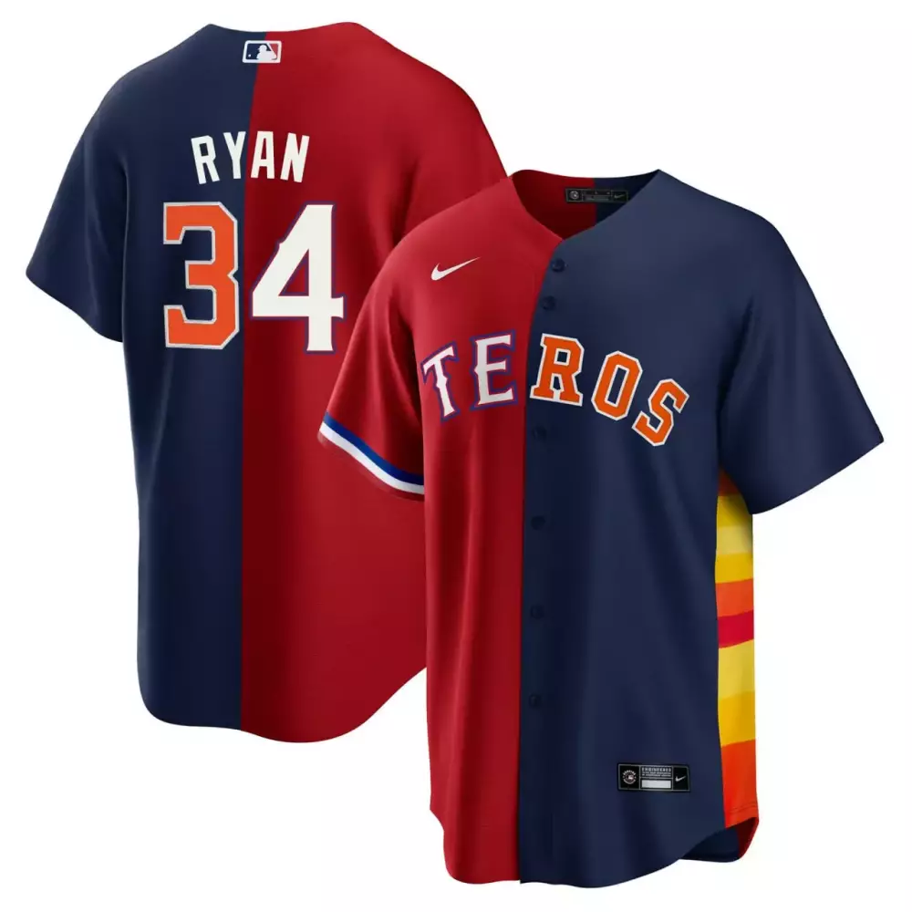 Nolan Ryan 34 Astros Jersey Navy Men Split Design Red Orange Yellow White All Stitched