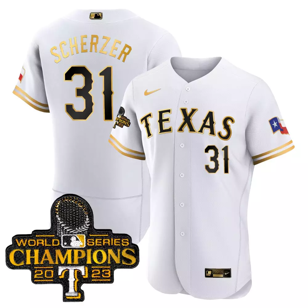 Max Scherzer 31 Texas Rangers Jersey White World Series Champions 2023 Men Gold Black