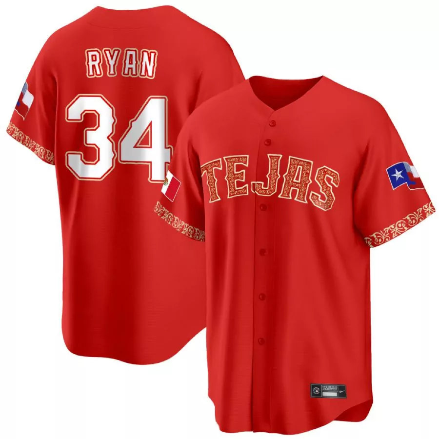 Nolan Ryan 34 Tejas Jersey Red Cinco De Mayo Mexico Flag Texas White Gold Cool Base