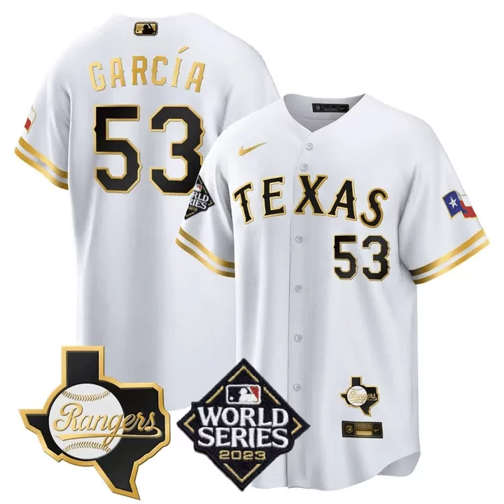 Adolis Garcia 53 Texas Rangers Jersey White World Series 2023 Men Gold Black Cool