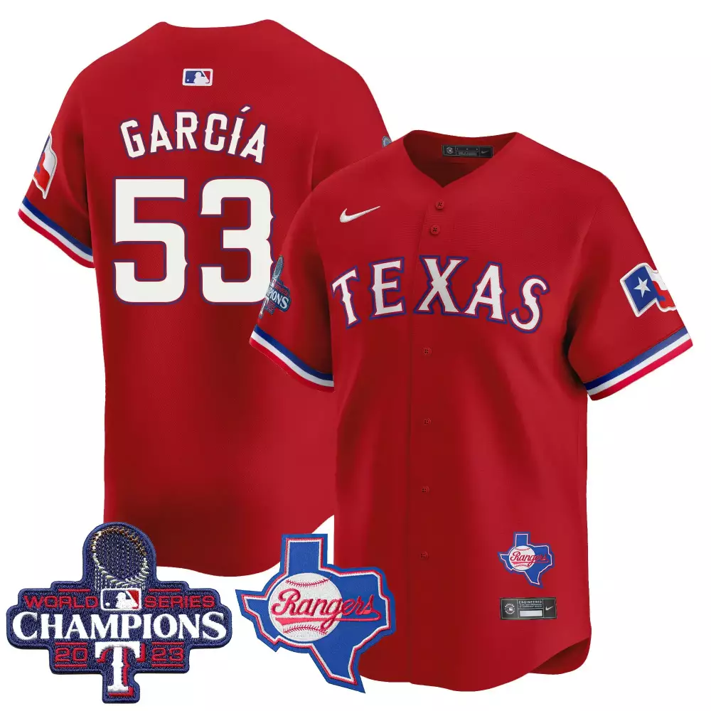 Garca Patches 53 Texas Rangers Jersey Red World Series Champions 2023 Baseball Club