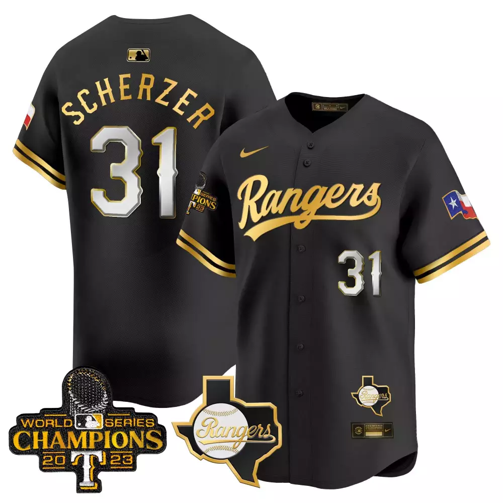Max Scherzer 31 Rangers Jersey Black World Series Champions 2023 Texas Men Gold White
