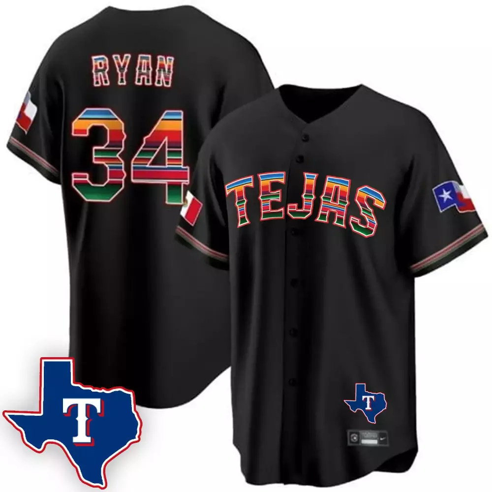 Nolan Ryan 34 Texas Rangers Jersey Black Fiesta Flag Men Alternate Split Design Red