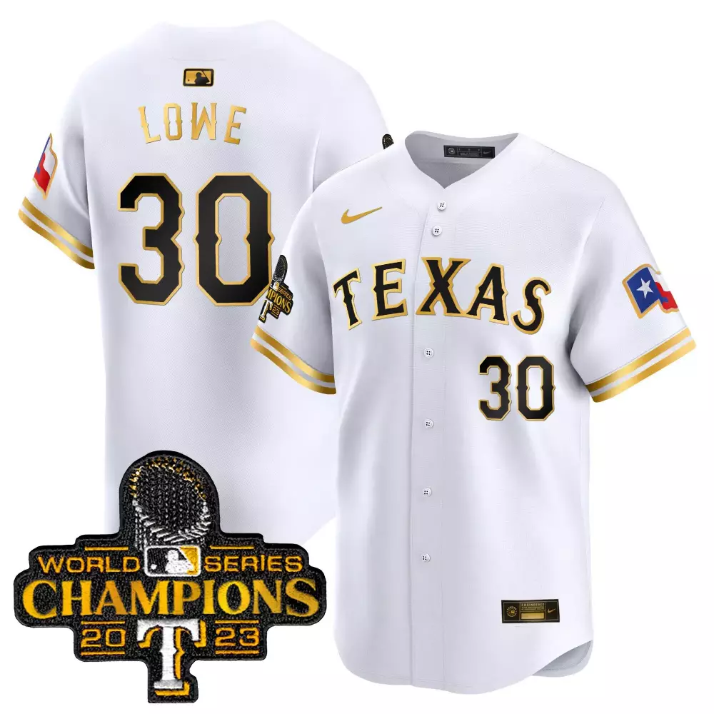Nathaniel Lowe 30 Texas Rangers Jersey White 2023 World Series Champions Men Gold