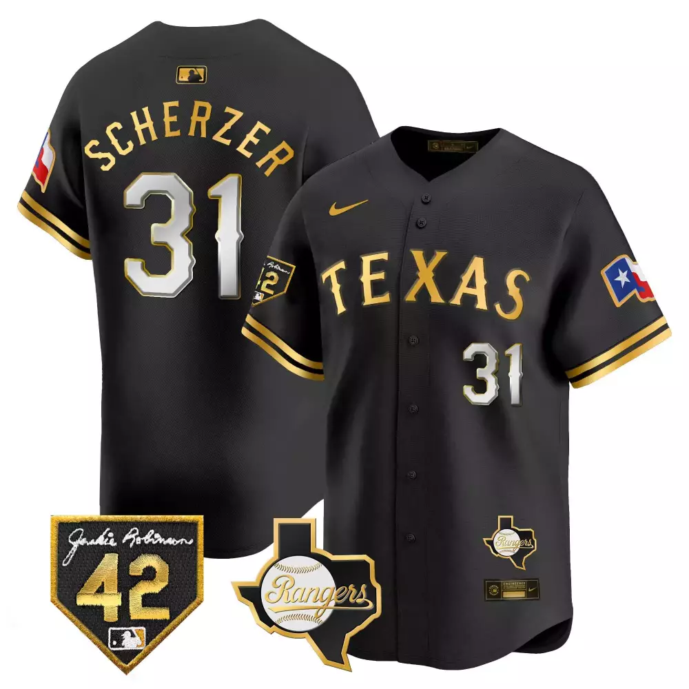 Max Scherzer 31 Texas Rangers Jersey Black Jackie Robinson Day 42 2024 Men Gold White