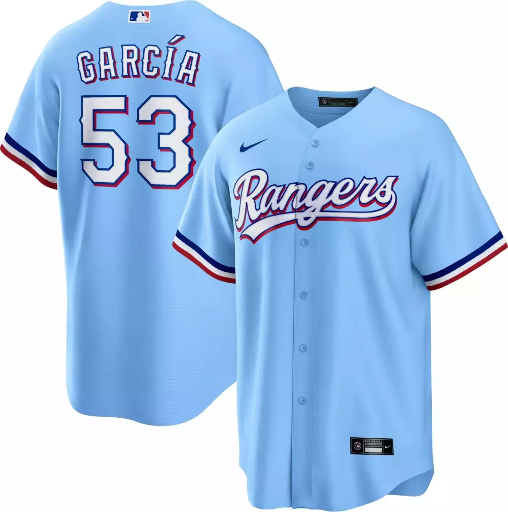 Adolis Garcia 53 Rangers Jersey Light Blue Men Red White Navy Cool Base All Stitched