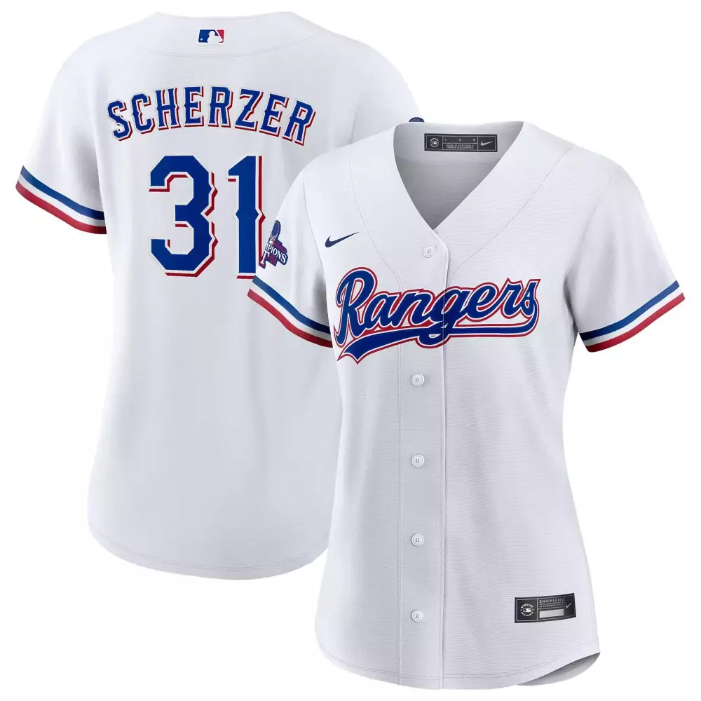Max Scherzer 31 Rangers Jersey White Champions Men Button-up Blue Red Home Limited