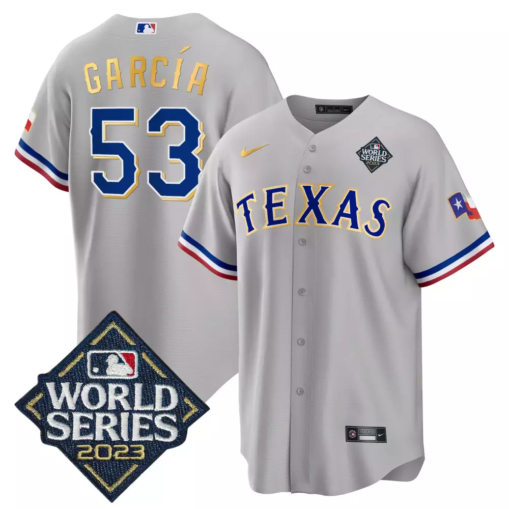 Adolis Garcia 53 Texas Rangers Jersey Gray 2023 World Series Men Blue Red White Gold