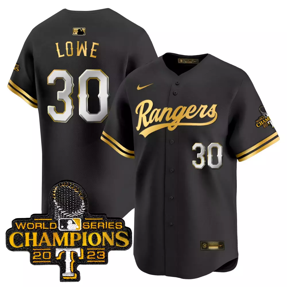 Nathaniel Lowe 30 Rangers Jersey Black 2023 World Series Champions Men Gold White