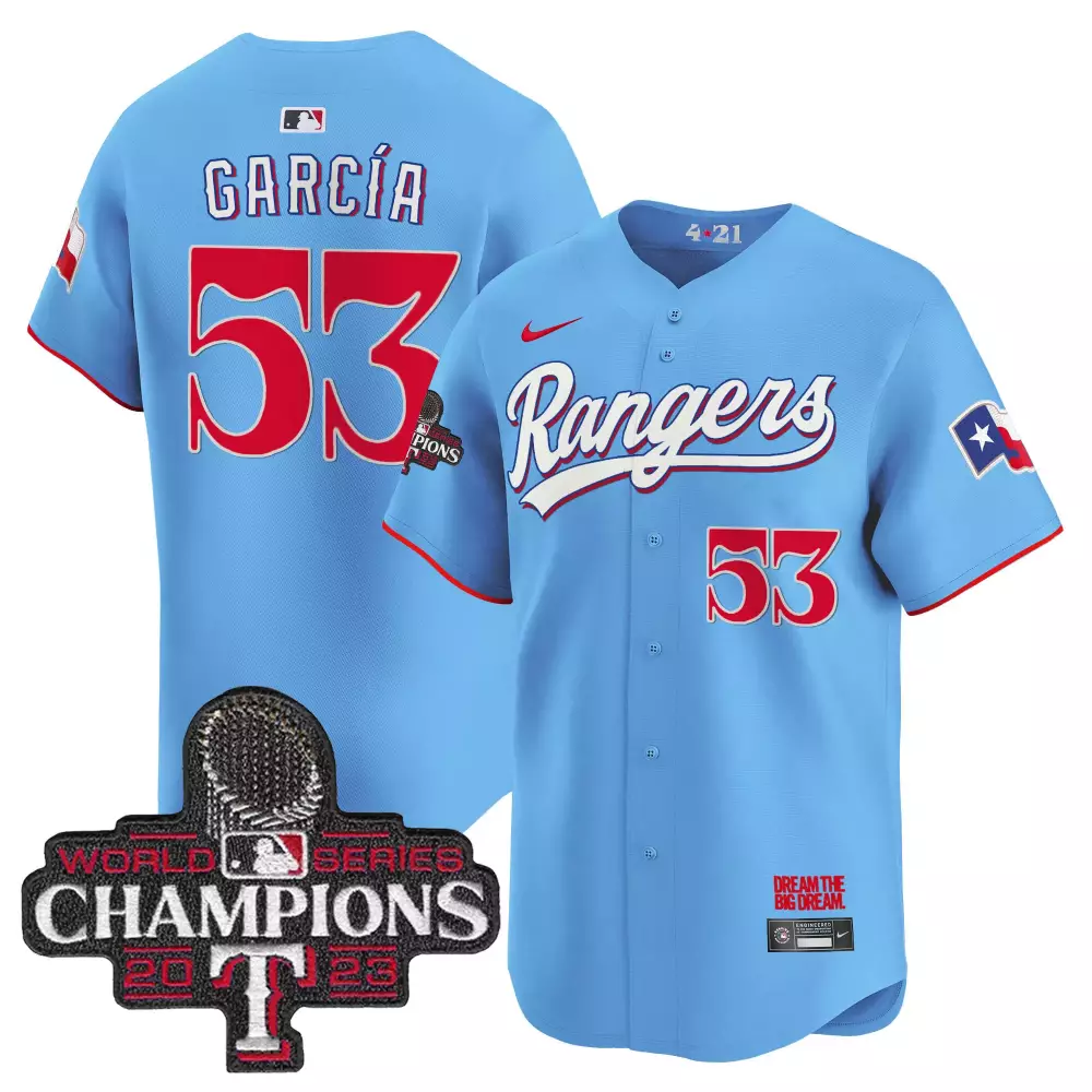 Adolis Garcia 53 Texas Rangers Jersey Light Blue 2023 World Series Champions Men