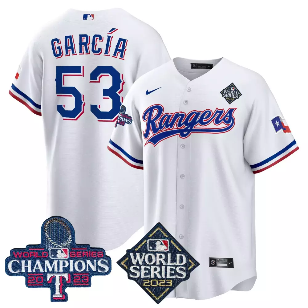 Adolis Garcia 53 Rangers Jersey White World Series 2023 Champions Men Blue Red Cool