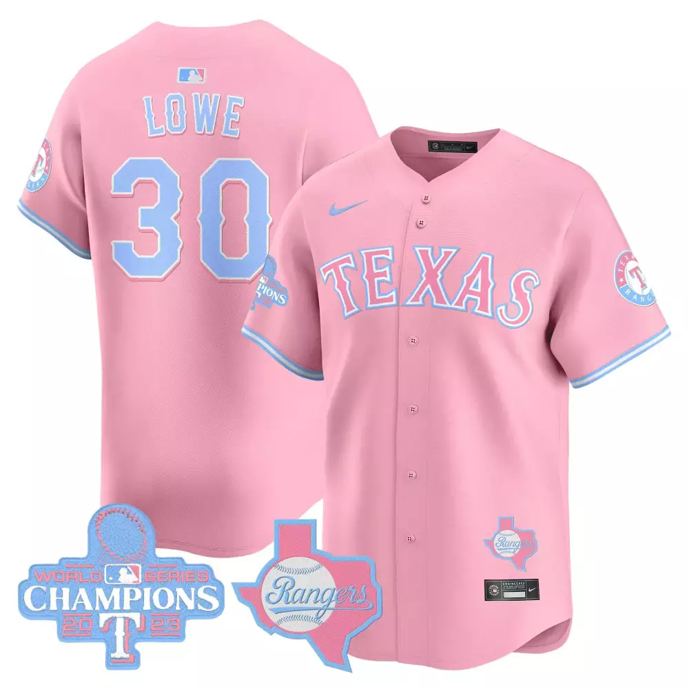 Lowe 30 Texas Rangers Jersey Pink 2023 World Series Champions State Shape Men Light Blue