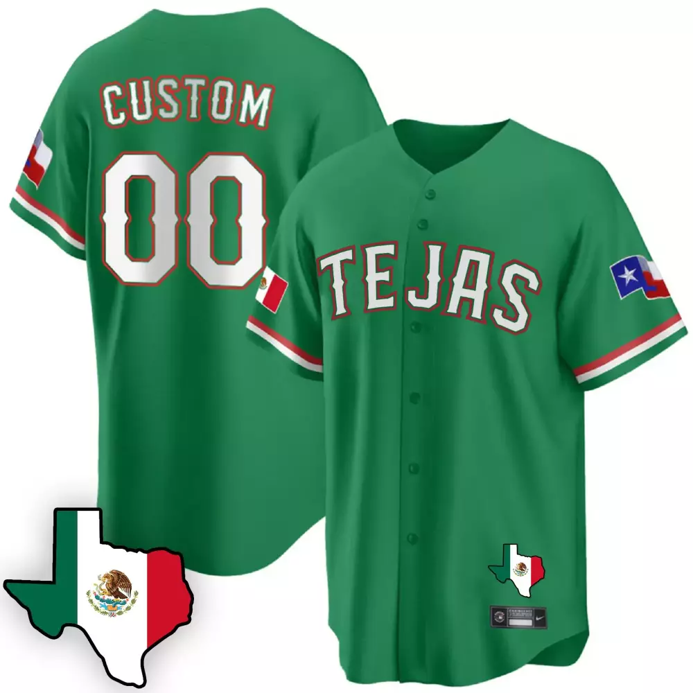 Custom Tejas Jersey Green Mexico Flag Texas White Red Stitched