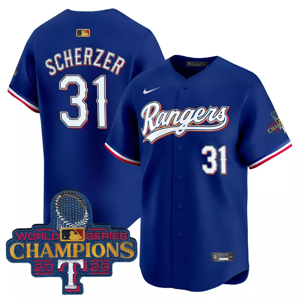 Max Scherzer 31 Rangers Jersey Blue World Series Champions 2023 Men White Red Vapor