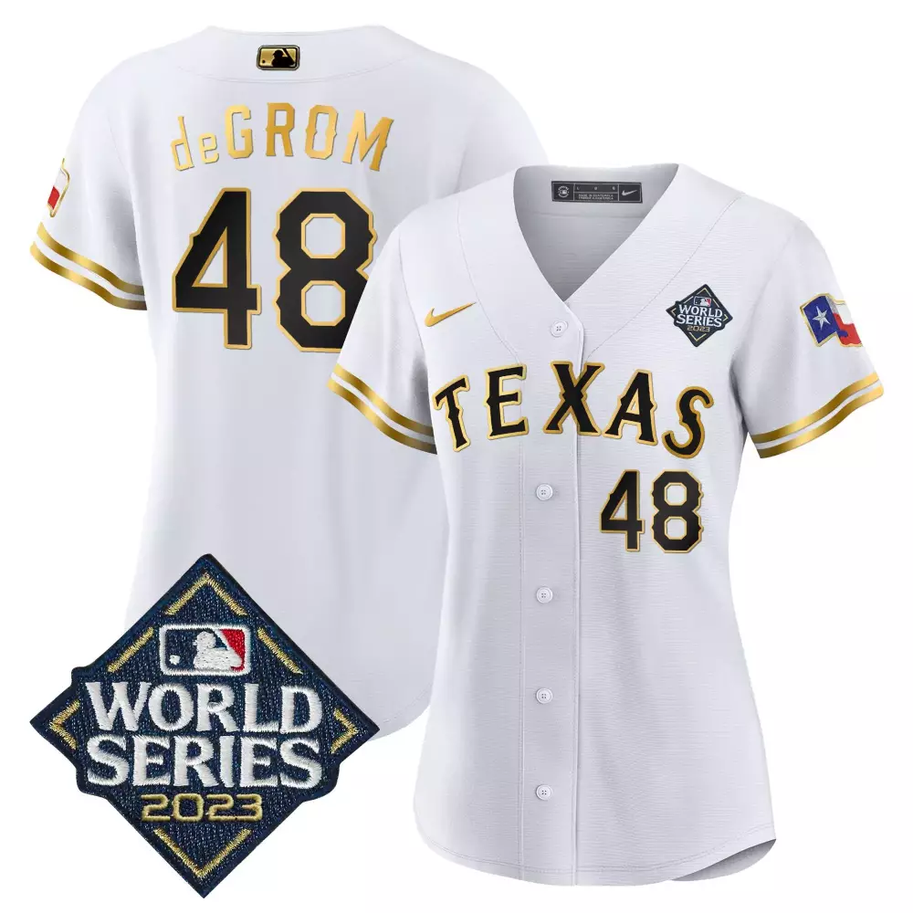 Jacob Degrom 48 Texas Rangers Jersey White 2023 World Series Men Gold Black v2 All