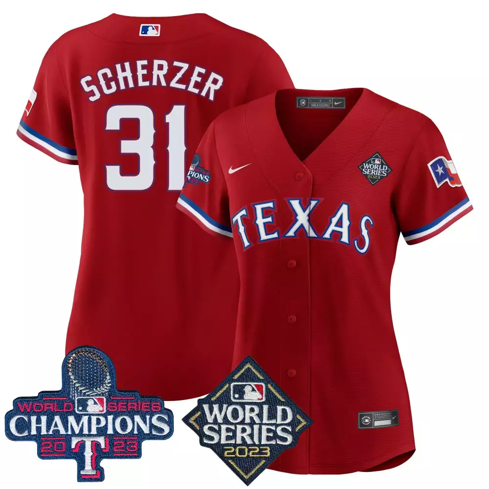 Max Scherzer 31 Texas Rangers Jersey Red 2023 World Series Champions Men Blue White