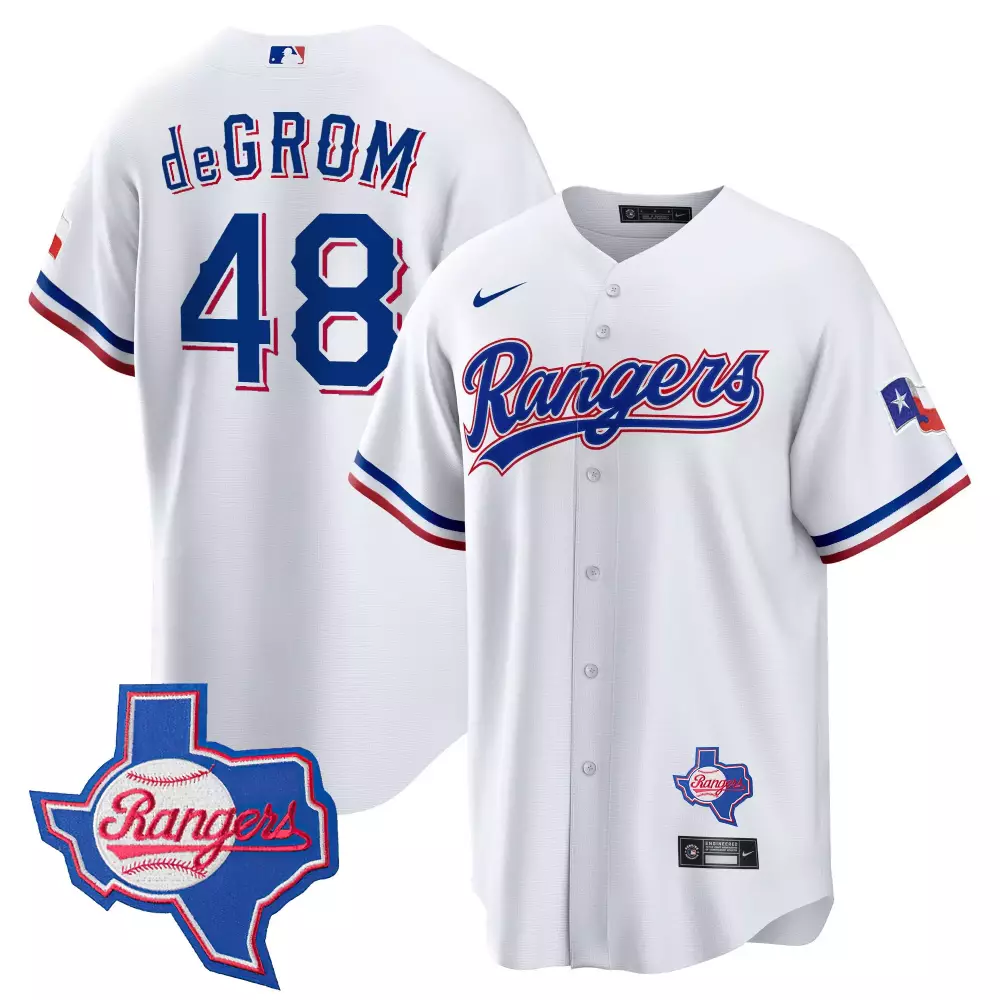 Jacob Degrom 48 Rangers Jersey White Texas Men Blue Red Cool Base All Stitched