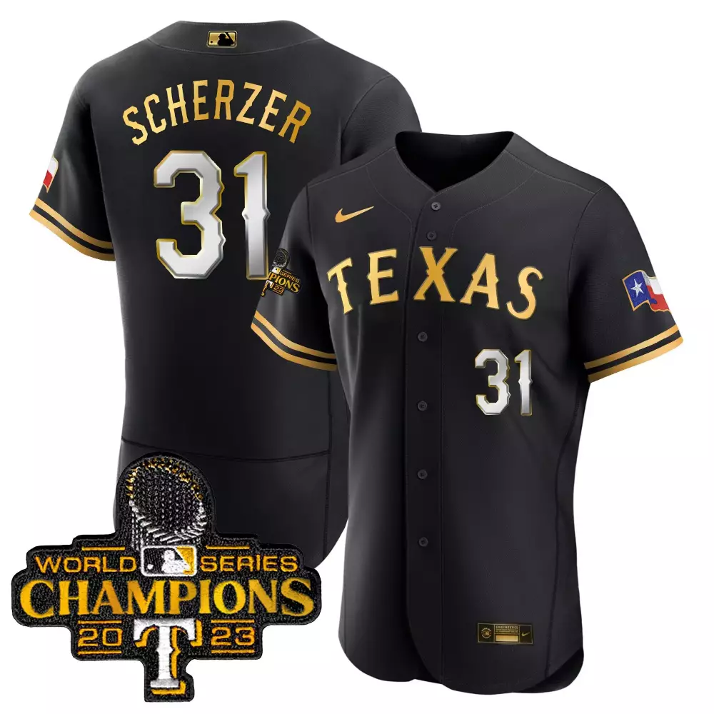 Max Scherzer 31 Texas Rangers Jersey Black World Series Champions 2023 Men Gold Flex