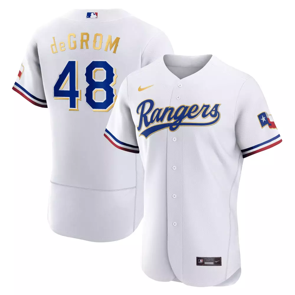 Jacob Degrom 48 Rangers Jersey White Texas Flag Men Blue Gold Flex All Stitched