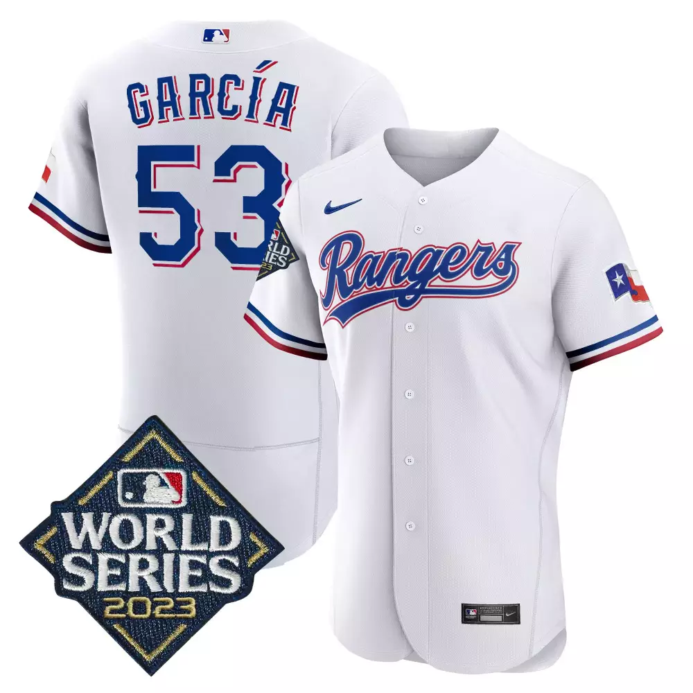 Adolis Garcia 53 Rangers Jersey White World Series 2023 Men Blue Red Flex Base All