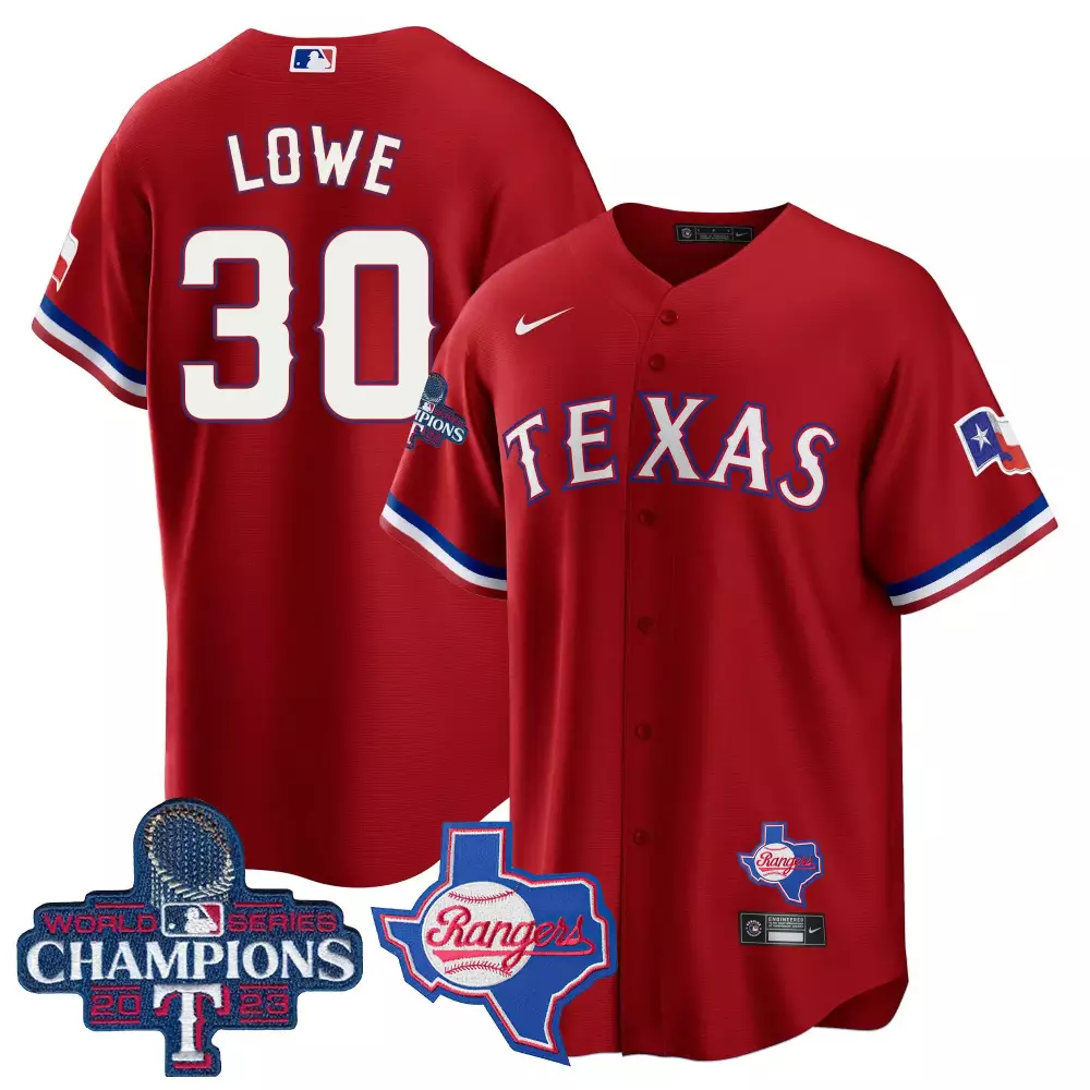 Lowe 30 Texas Rangers Jersey Red 2023 World Series Champions Men Blue White All Stitched
