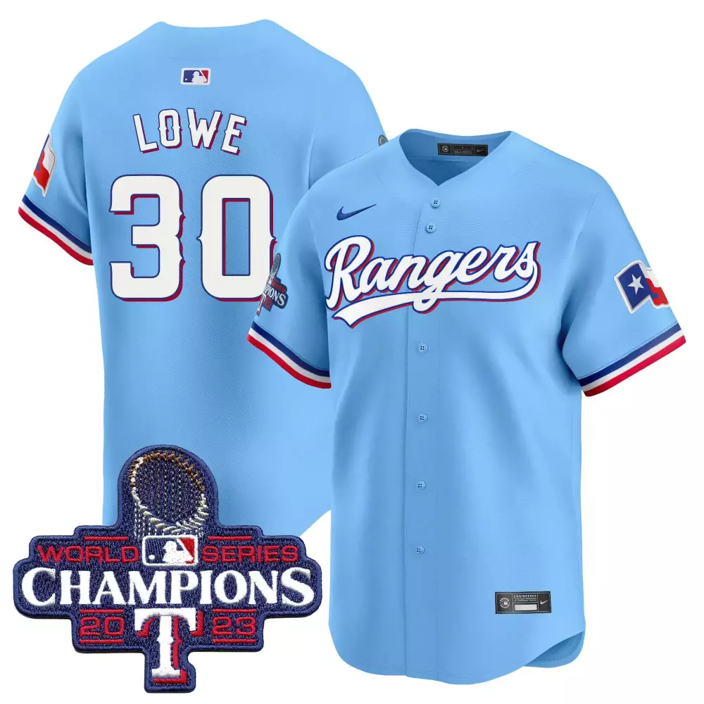Lowe 30 Rangers Jersey Light Blue 2023 World Series Champions Men White Red All Stitched