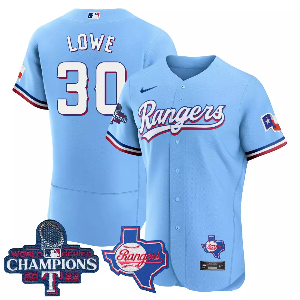 Nathaniel Lowe 30 Rangers Jersey Light Blue World Series Champions 2023 Texas Men