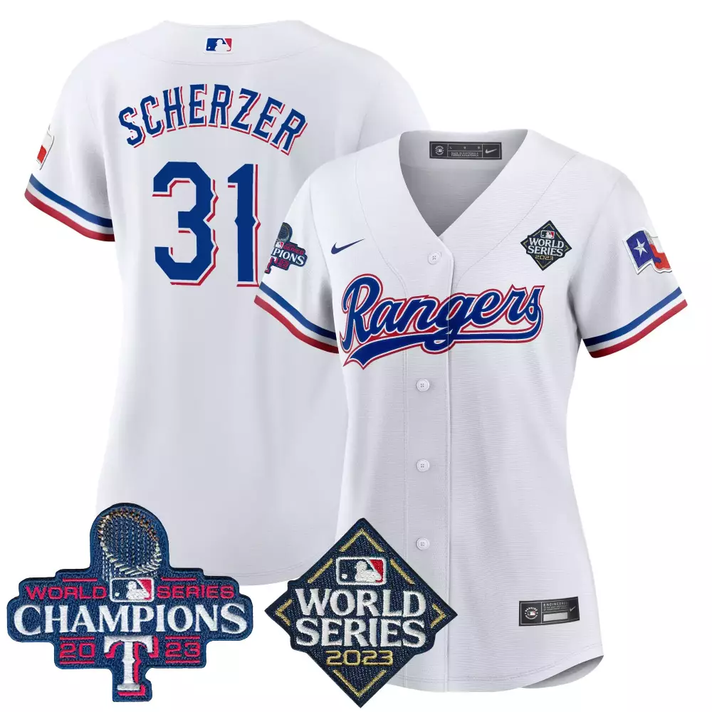 Max Scherzer 31 Rangers Jersey White World Series Champions 2023 Men Blue Red v4