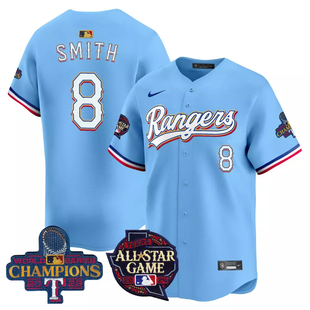 Smith 8 Rangers Jersey Light Blue 2023 World Series Champions Men White Red All Game