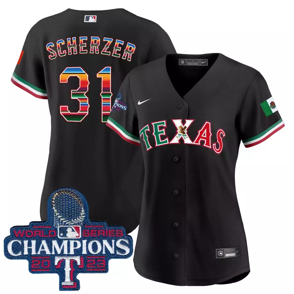 Max Scherzer 31 Texas Jersey Black Mexican Heritage World Series Champions 2023 Men