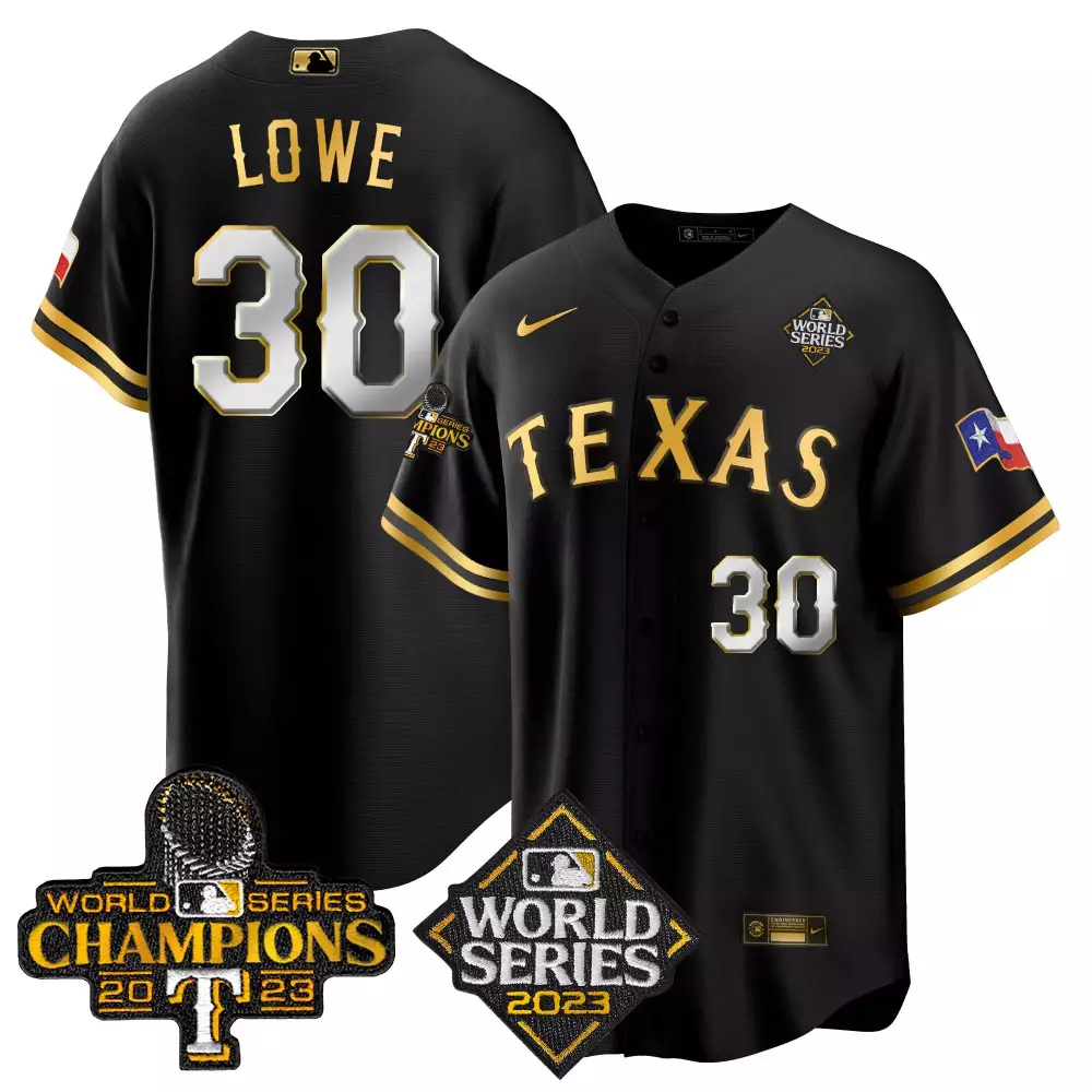 Nathaniel Lowe 30 Texas Rangers Jersey Black 2023 World Series Champions Men Gold