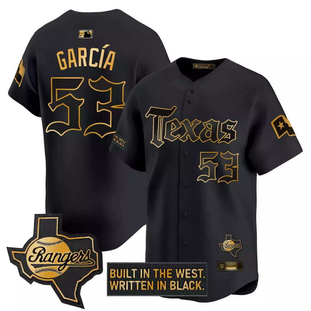 Adolis Garca 53 Texas Rangers Jersey Black Built In The West. Written Men Gold Stitched