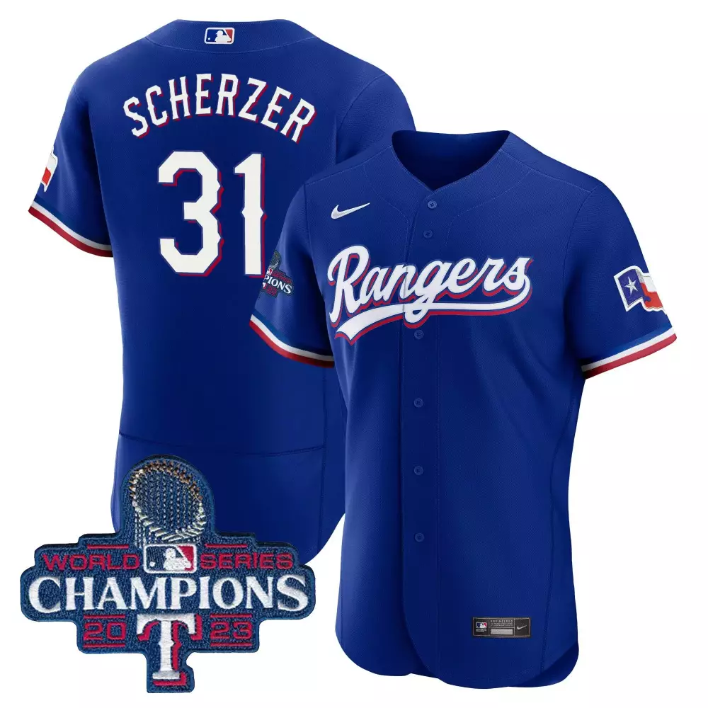 Max Scherzer 31 Rangers Jersey Blue 2023 World Series Champions Men White Red Flex