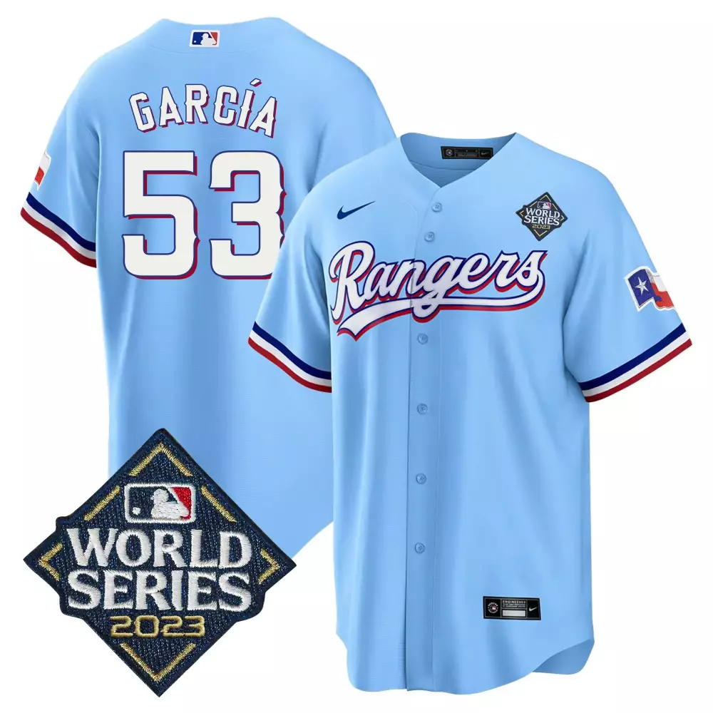 Adolis Garca 53 Rangers Jersey Light Blue World Series 2023 Men White Red Cool Base