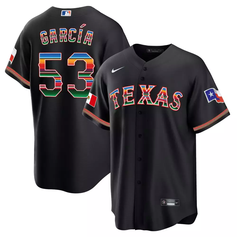 Mexican Heritage 53 Texas Rangers Jersey Black Cinco De Mayo Mexico Flag White Red