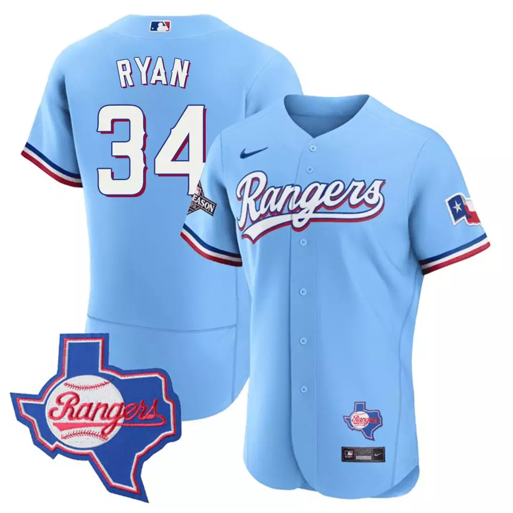 Nolan Ryan 34 Rangers Jersey Light Blue Texas Flag 2021 Season Men Alternate Red