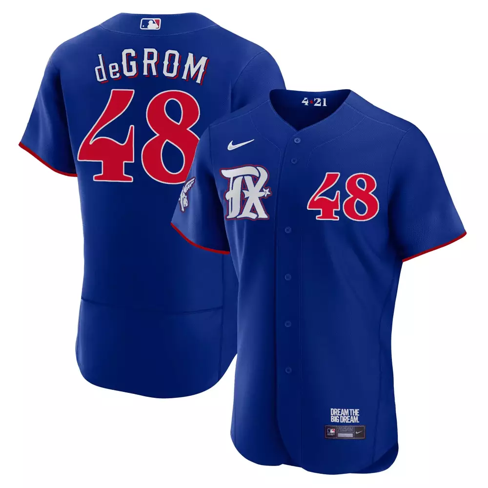 Jacob Degrom 48 Texas Rangers Jersey Blue City Connect Star Men Split Design Red
