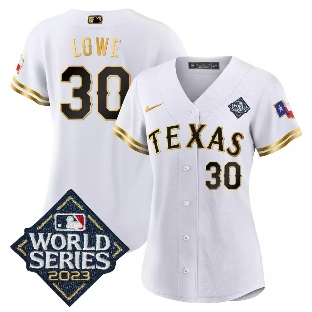 Lowe 30 Texas Rangers Jersey White 2023 World Series Men Gold Black All Stitched