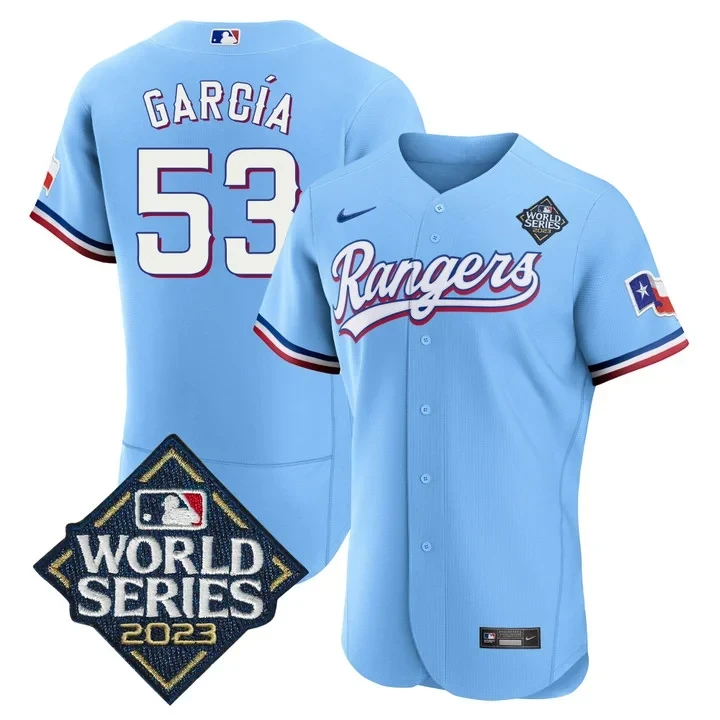 Garcia 53 Rangers Jersey Light Blue 2023 World Series Men Red White All Stitched