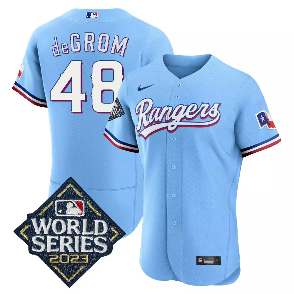Jacob Degrom 48 Rangers Jersey Light Blue World Series 2023 Men Red White Flex Base