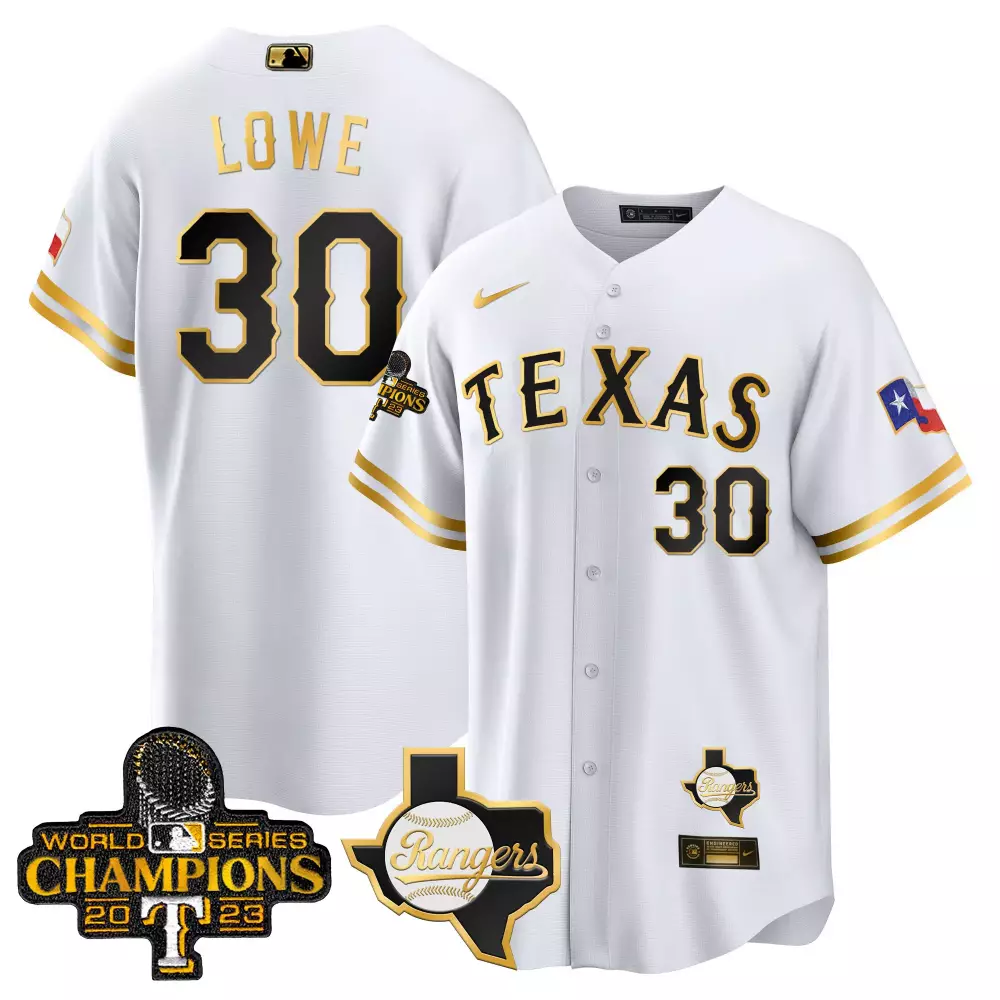 Nathaniel Lowe 30 Texas Rangers Jersey White 2023 World Series Champions Team Men