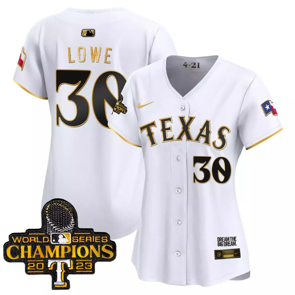 Lowe 30 Texas Rangers Jersey White World Series Champions 2023 Flag Dream Big Label